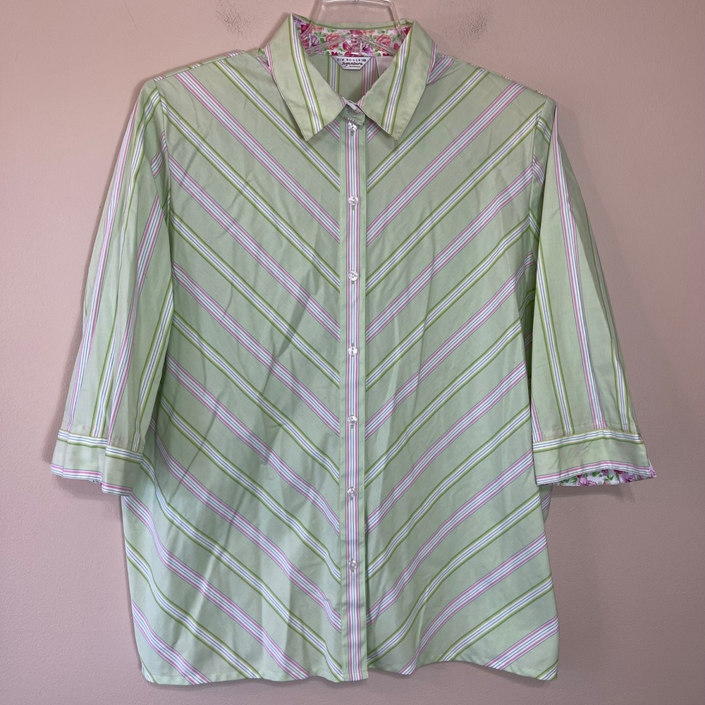 Kim Rogers Signature Woman Green Pink Striped 3/4 Sleeve Button Up Shirt 20W